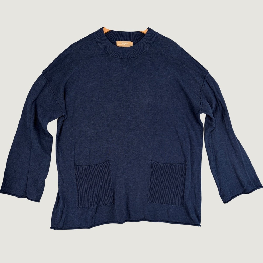 Free People Free-est Navy Blue Oversized Knit Sweater Small Pockets Lagenlook